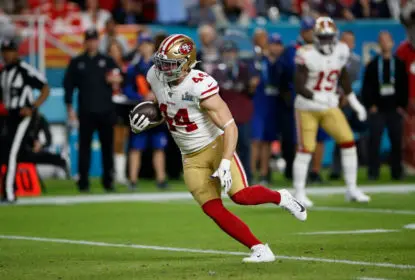 MIAMI, FLORIDA - FEBRUARY 2: Kyle Juszczyk #44 of the San Francisco 49ers heads to the end zone on a 12 yard touchdown reception against the Kansas City Chiefs in Super Bowl LIV at Hard Rock Stadium on February 2, 2020 in Miami, Florida. The Chiefs defeated the 49ers 31-20