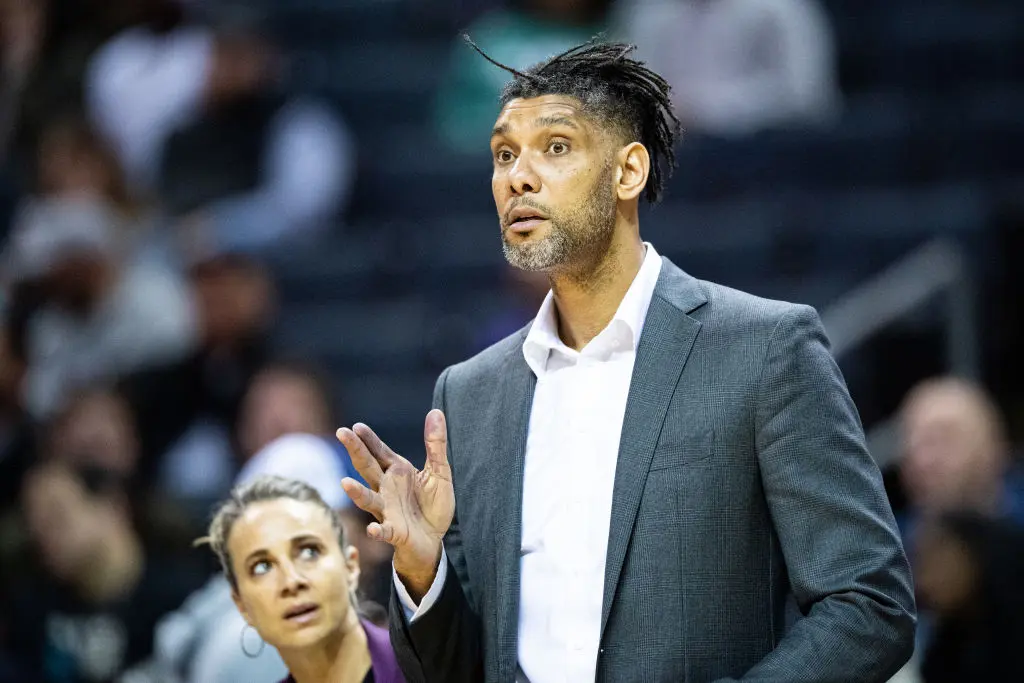 CHARLOTTE, NORTH CAROLINA - MARCH 03: Assistant coach Tim Duncan of the San Antonio Spurs reacts during the third quarter of the game against the Charlotte Hornets at Spectrum Center on March 03, 2020 in Charlotte, North Carolina
