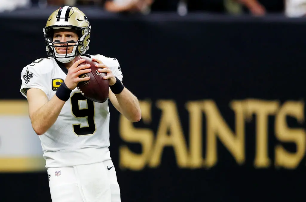 NEW ORLEANS, LOUISIANA - JANUARY 05: Drew Brees #9 of the New Orleans Saints warms up before the NFC Wild Card Playoff game against the Minnesota Vikings at Mercedes Benz Superdome on January 05, 2020 in New Orleans, Louisiana