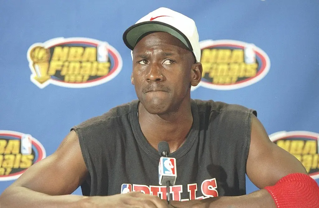 10 Jun 1997: Guard Michael Jordan of the Chicago Bulls speaks reporters during a practice before a playoff game against the Utah Jazz at the Delta Center in Salt Lake City, Utah.