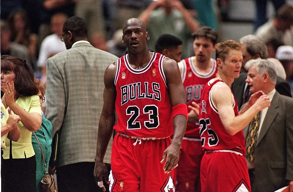 11 Jun 1997: Michael Jordan #23 of the Chicago Bulls walks on the court during game five of the NBA Finals against the Utah Jazz at the Delta Center in Salt Lake City, Utah. The Bulls defeated the Jazz 90-88. Mandatory Credit: Brian Bahr /Allsport