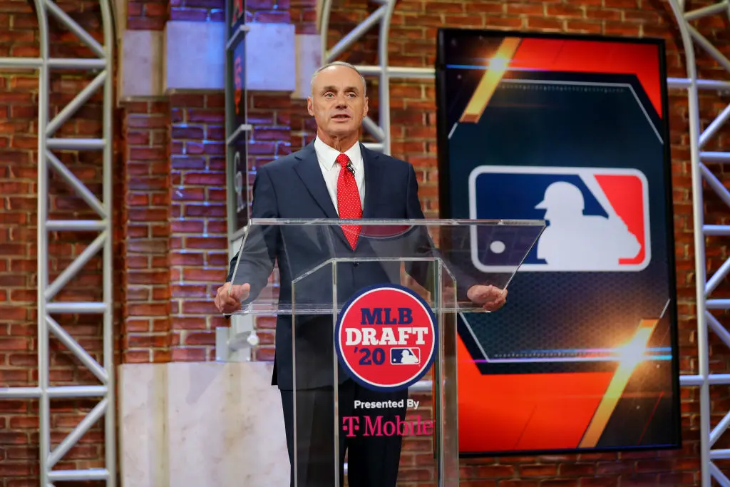 SECAUCUS, NJ - JUNE 10: Major League Baseball Commissioner Robert D. Manfred Jr. makes an opening statement during the 2020 Major League Baseball Draft at MLB Network on Wednesday, June 10, 2020 in Secaucus, New Jersey