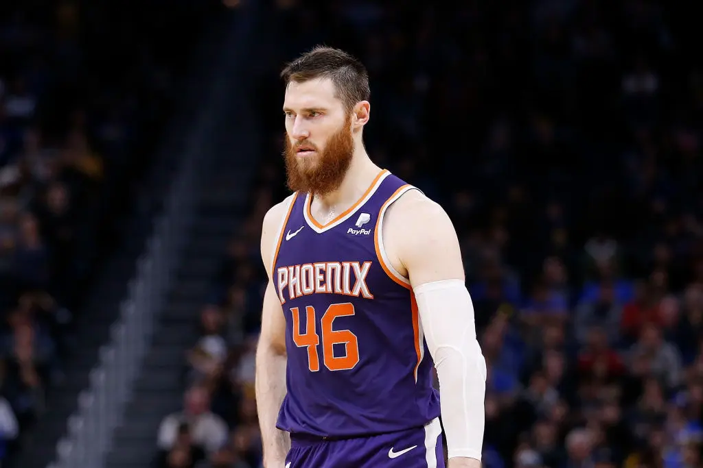 SAN FRANCISCO, CALIFORNIA - DECEMBER 27: Aron Baynes #46 of the Phoenix Suns looks on in the second half against the Golden State Warriors at Chase Center on December 27, 2019 in San Francisco, California