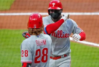 ATLANTA, GA - AUGUST 23: Didi Gregorius #18 of the Philadelphia Phillies celebrates a home run with Alec Bohm #28 in the third inning of an MLB game against the Atlanta Braves at Truist Park on August 23, 2020 in Atlanta, Georgia