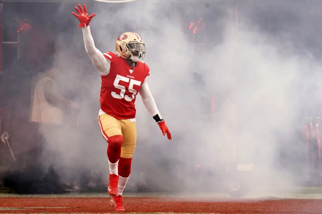 SANTA CLARA, CALIFORNIA - JANUARY 19: Dee Ford #55 of the San Francisco 49ers runs onto the field prior to the start of the NFC Championship game against the Green Bay Packers at Levi's Stadium on January 19, 2020 in Santa Clara, California