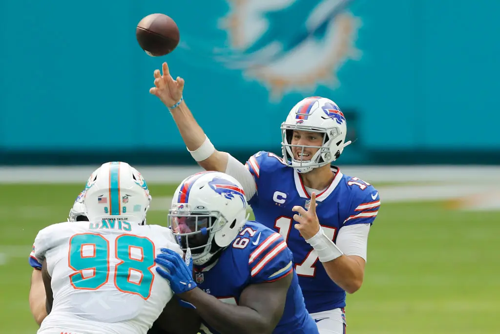 MIAMI GARDENS, FLORIDA - SEPTEMBER 20: Josh Allen #17 of the Buffalo Bills throws a pass against the Miami Dolphins during the second half at Hard Rock Stadium on September 20, 2020 in Miami Gardens, Florida