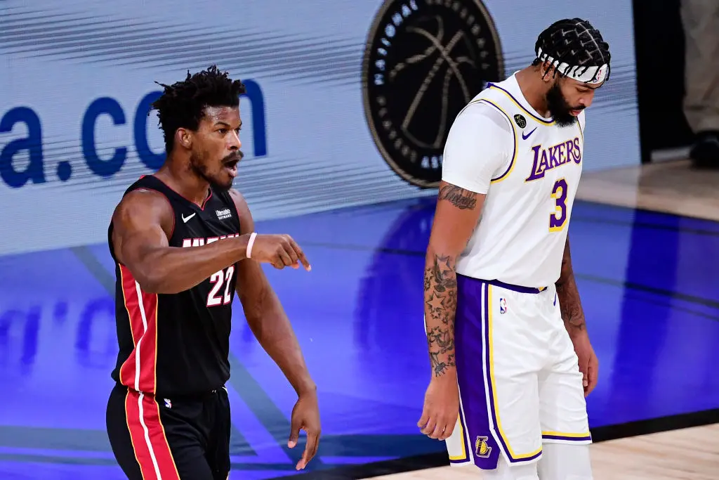 LAKE BUENA VISTA, FLORIDA - OCTOBER 04: Jimmy Butler #22 of the Miami Heat reacts during the first half against the Los Angeles Lakers in Game Three of the 2020 NBA Finals at AdventHealth Arena at ESPN Wide World Of Sports Complex on October 04, 2020 in Lake Buena Vista, Florida