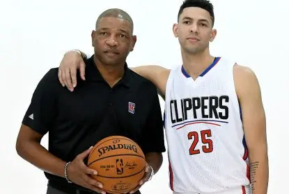 PLAYA VISTA, CA - SEPTEMBER 26: Doc Rivers of the Los Angeles Clippers with his son Austin Rivers #25 during media day at the Los Angeles Clippers Training Center on September 26, 2016 in Playa Vista, California