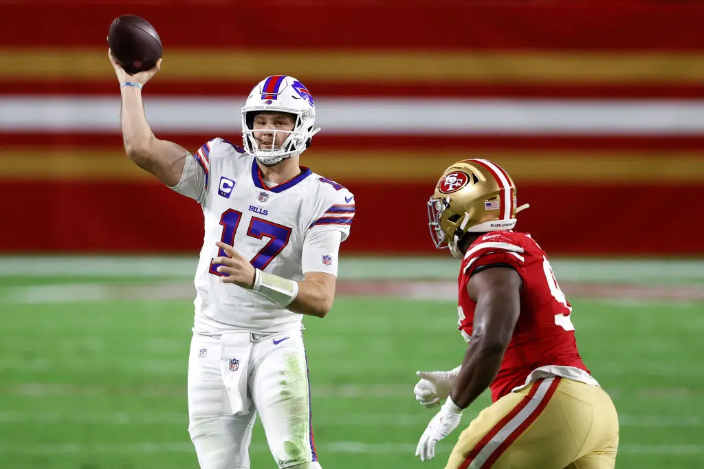 GLENDALE, ARIZONA - DECEMBER 07: Quarterback Josh Allen #17 of the Buffalo Bills looks to pass during the third quarter of a game against the San Francisco 49ers at State Farm Stadium on December 07, 2020 in Glendale, Arizona