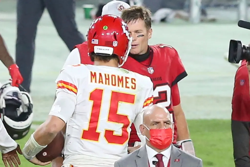 TAMPA, FL - NOVEMBER 29: Tom Brady (12) of the Buccaneers shakes hands with Patrick Mahomes (15) of the Chiefs after the regular season game between the Kansas City Chiefs and the Tampa Bay Buccaneers on November 29, 2020 at Raymond James Stadium in Tampa, Florida.