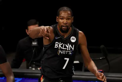 NEW YORK, NEW YORK - FEBRUARY 05: Kevin Durant #7 of the Brooklyn Nets celebrates his three point shot in the second quarter against the Toronto Raptors at Barclays Center on February 05, 2021 in New York City