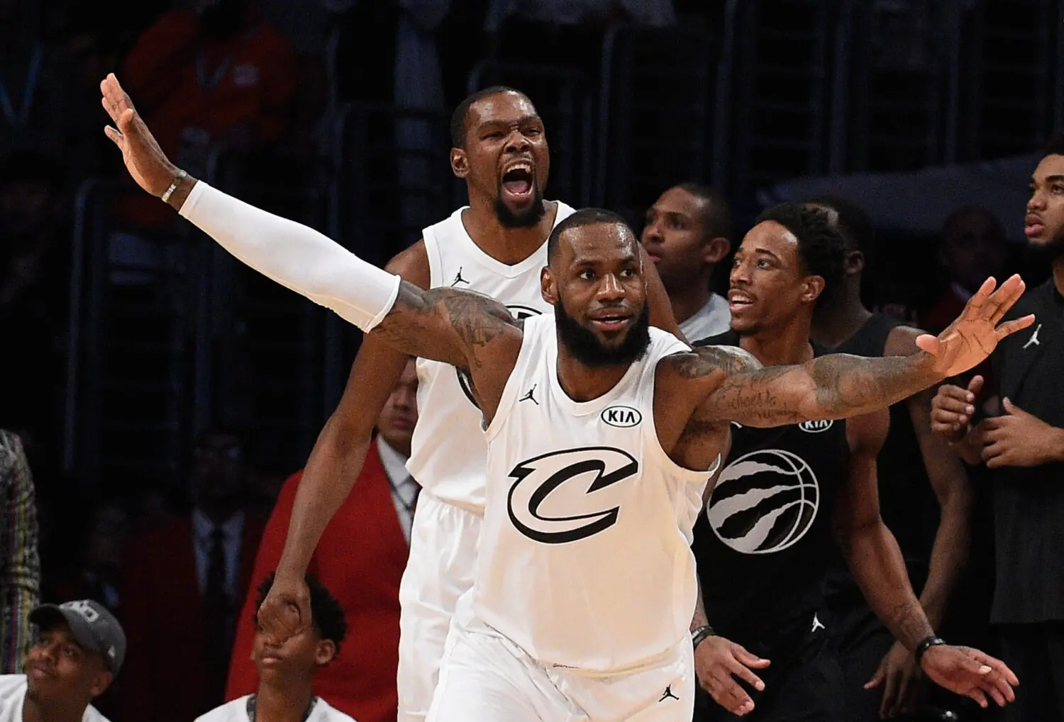 LOS ANGELES, CA - FEBRUARY 18: LeBron James #23 and Kevin Durant #35 (background) of Team LeBron react after a missed last second shot by DeMar DeRozan #10 of Team Stephen (right) during the NBA All-Star Game 2018 at Staples Center on February 18, 2018 in Los Angeles, California. Team LeBron won the game 148-145