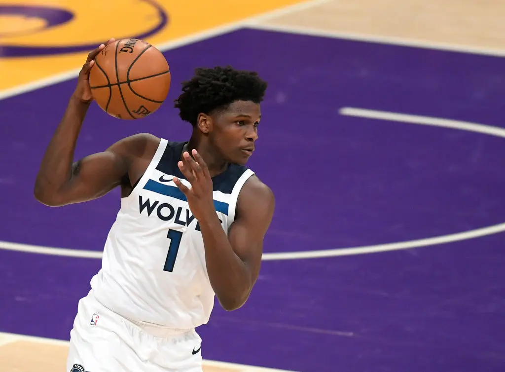 LOS ANGELES, CALIFORNIA - MARCH 16: Anthony Edwards #1 of the Minnesota Timberwolves grabs a pass during a 137-121 Los Angeles Lakers win at Staples Center on March 16, 2021 in Los Angeles, California