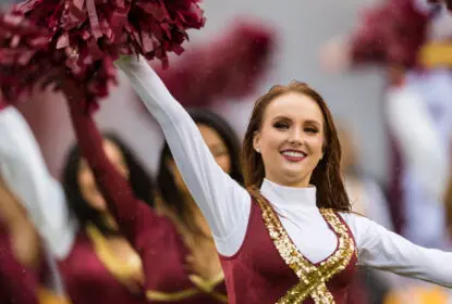 LANDOVER, MD - OCTOBER 20: Washington Redskins cheerleaders take the field before the game against the San Francisco 49ers at FedExField on October 20, 2019 in Landover, Maryland.