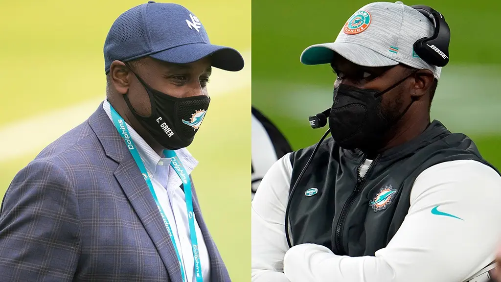Miami Dolphins general manager Chris Grier and Head coach Brian Flores