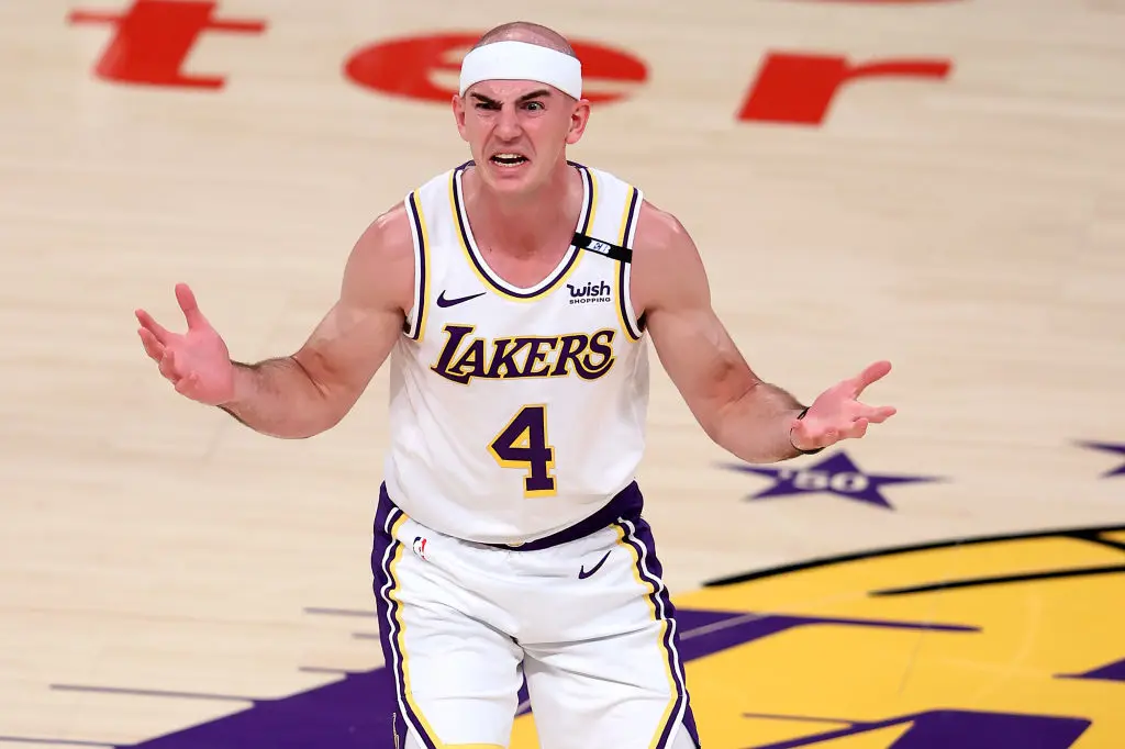 LOS ANGELES, CALIFORNIA - MAY 30: Alex Caruso #4 of the Los Angeles Lakers reacts after being called for a foul during the second half of Game Four of the Western Conference first-round playoff series against the Phoenix Suns at Staples Center on May 30, 2021 in Los Angeles, California.