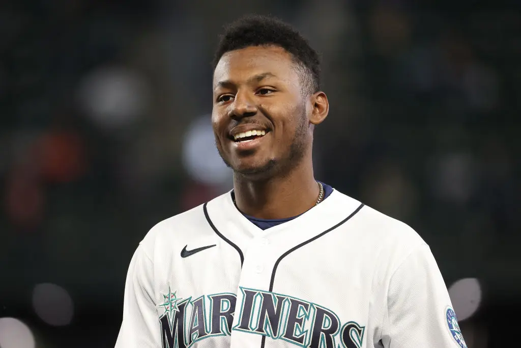 SEATTLE, WASHINGTON - MAY 27: Kyle Lewis #1 of the Seattle Mariners reacts after hitting a fly out to end the first inning against the Texas Rangers at T-Mobile Park on May 27, 2021 in Seattle, Washington
