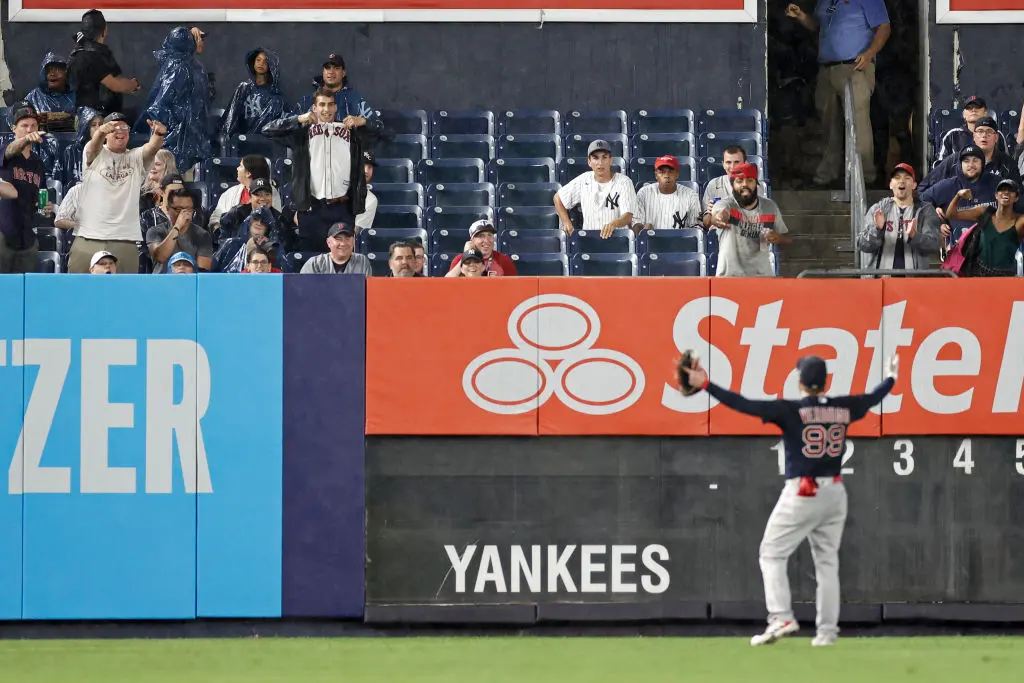 NEW YORK, NY - JULY 17: Alex Verdugo #99 of the Boston Red Sox gestures towards the stands during the sixth inning of the game against the New York Yankees at Yankee Stadium on July 17, 2021 in the Bronx borough of New York City