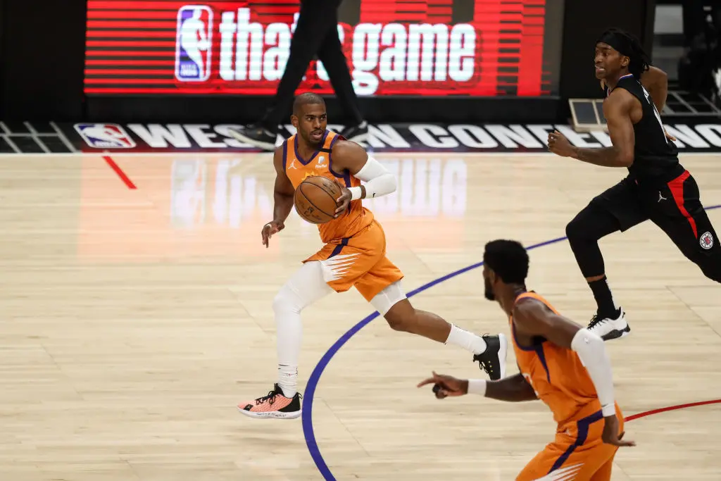 LOS ANGELES, CA - JUNE 30: Phoenix Suns guard Chris Paul (3) looks back as comes down the court during game 6 of the NBA Western Conference Final between the Phoenix Suns and the Los Angeles Clippers on June 30, 2021, at Staples Center in Los Angeles, CA