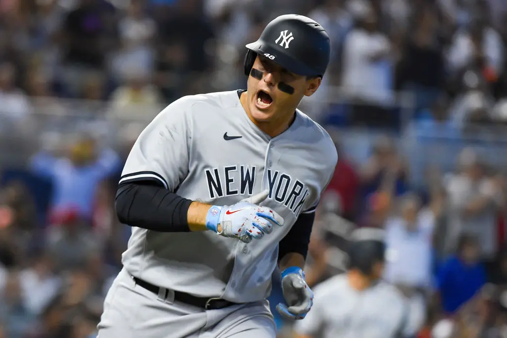 MIAMI, FL - AUGUST 01: Anthony Rizzo #48 of the New York Yankees reacts towards the bench after hitting an RBI single in the eighth inning against the Miami Marlins at loanDepot park on August 1, 2021 in Miami, Florida