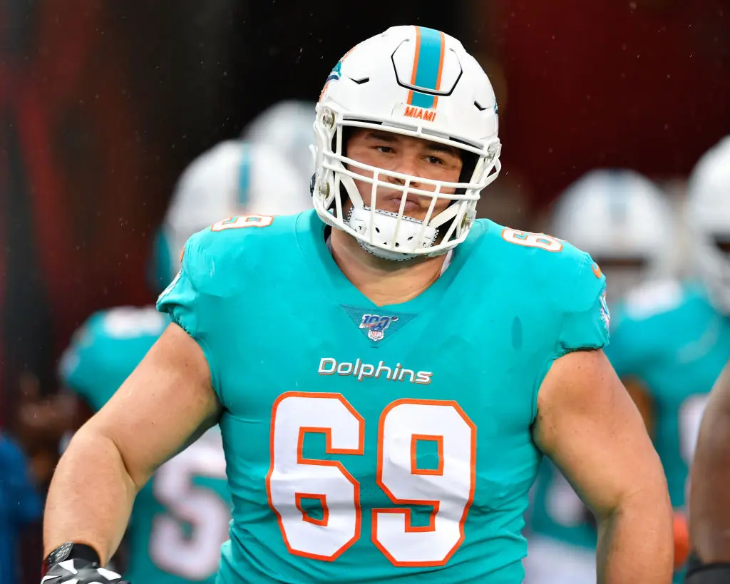 TAMPA, FL - AUGUST 16: Miami Dolphins defensive tackle Durval Queiroz Neto (69) enters the field prior to the first half of an NFL preseason game between the Miami Dolphins and the Tampa Bay Bucs on August 16, 2019, at Raymond James Stadium in Tampa, FL