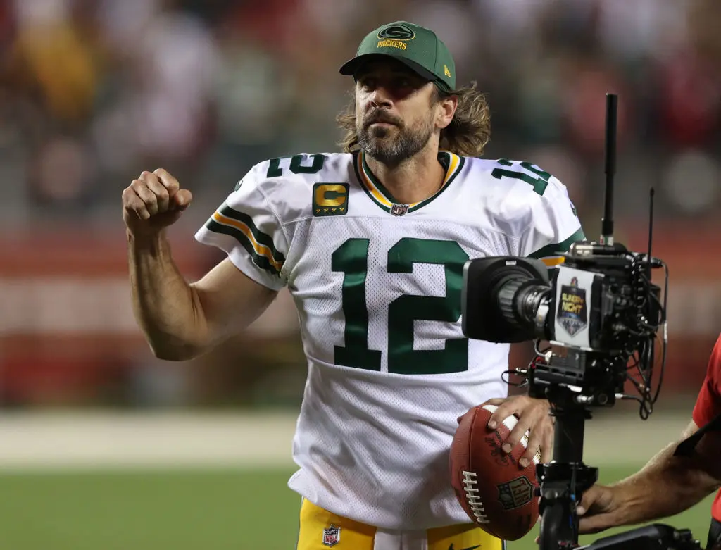 SANTA CLARA, CALIFORNIA - SEPTEMBER 26: Aaron Rodgers #12 of the Green Bay Packers leaves the field after defeating the San Francisco 49ers in the game at Levi's Stadium on September 26, 2021 in Santa Clara, California