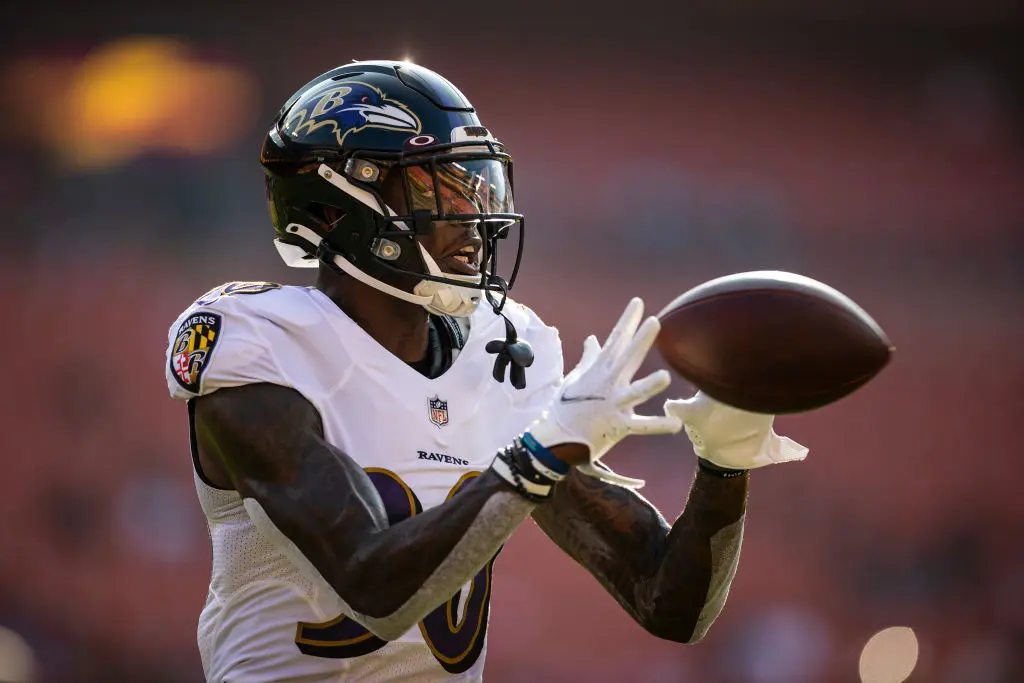 LANDOVER, MD - AUGUST 28: Chris Westry #30 of the Baltimore Ravens warms up before the preseason game against the Washington Football Team at FedExField on August 28, 2021 in Landover, Maryland