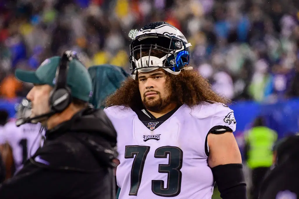 EAST RUTHERFORD, NEW JERSEY - DECEMBER 29: Isaac Seumalo #73 of the Philadelphia Eagles looks on against the New York Giants at MetLife Stadium on December 29, 2019 in East Rutherford, New Jersey