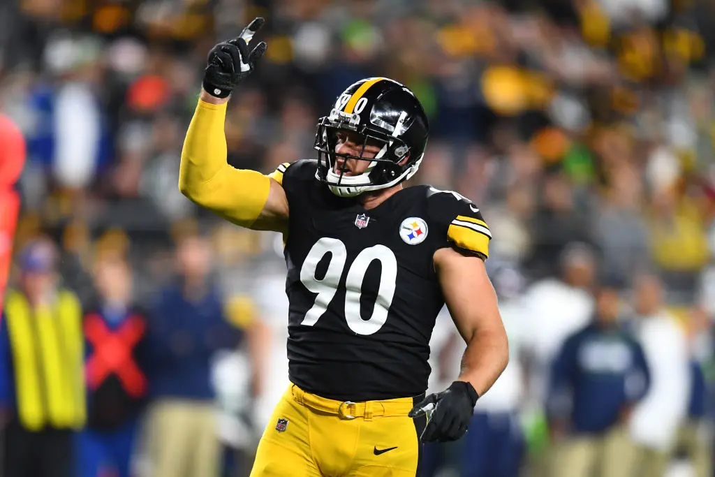 PITTSBURGH, PENNSYLVANIA - OCTOBER 17: T.J. Watt #90 of the Pittsburgh Steelers reacts during the first quarter against the Seattle Seahawks at Heinz Field on October 17, 2021 in Pittsburgh, Pennsylvania