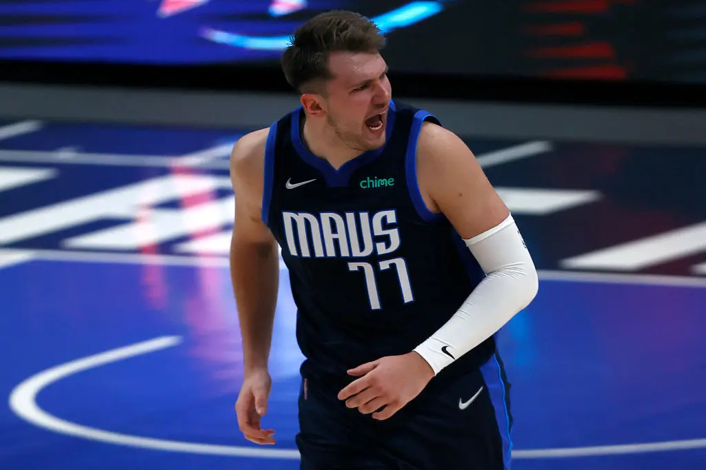DALLAS, TEXAS - APRIL 21: Luka Doncic #77 of the Dallas Mavericks reacts after being called for a foul against the Detroit Pistons in the third quarter at American Airlines Center on April 21, 2021 in Dallas, Texas