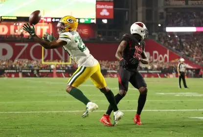 GLENDALE, ARIZONA - OCTOBER 28: Rasul Douglas #29 of the Green Bay Packers intercepts a pass intended for A.J. Green #18 of the Arizona Cardinals during the fourth quarter of a game at State Farm Stadium on October 28, 2021 in Glendale, Arizona. The Packers defeated the Cardinals 24-21