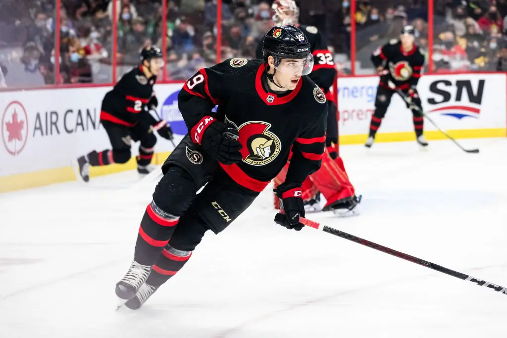 OTTAWA, ON - NOVEMBER 13: Ottawa Senators Right Wing Drake Batherson (19) skates during first period National Hockey League action between the Pittsburgh Penguins and Ottawa Senators on November 13, 2021, at Canadian Tire Centre in Ottawa, ON, Canada
