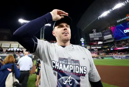HOUSTON, TEXAS - NOVEMBER 02: Freddie Freeman #5 of the Atlanta Braves celebrates after the team's 7-0 victory against the Houston Astros in Game Six to win the 2021 World Series at Minute Maid Park on November 02, 2021 in Houston, Texas