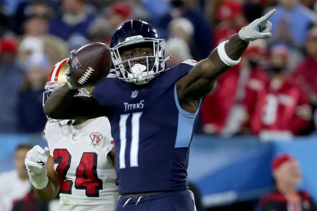NASHVILLE, TENNESSEE - DECEMBER 23: A.J. Brown #11 of the Tennessee Titans reacts in the third quarter against the San Francisco 49ers at Nissan Stadium on December 23, 2021 in Nashville, Tennessee.