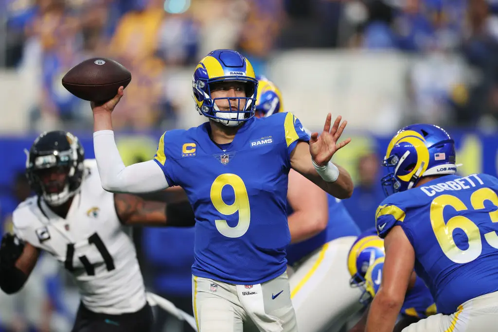 INGLEWOOD, CALIFORNIA - DECEMBER 05: Matthew Stafford #9 of the Los Angeles Rams throws a pass against the Jacksonville Jaguars during the first quarter at SoFi Stadium on December 05, 2021 in Inglewood, California