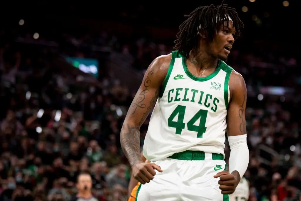 BOSTON, MASSACHUSETTS - DECEMBER 31: Robert Williams III #44 of the Boston Celtics reacts during the first half of a game against the Phoenix Suns at TD Garden on December 31, 2021 in Boston, Massachusetts