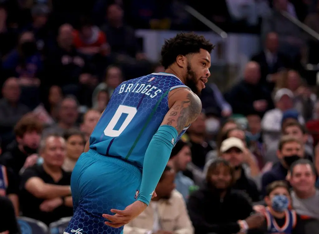 NEW YORK, NEW YORK - JANUARY 17: Miles Bridges #0 of the Charlotte Hornets celebrates his three point shot in the first half against the New York Knicks at Madison Square Garden on January 17, 2022 in New York City