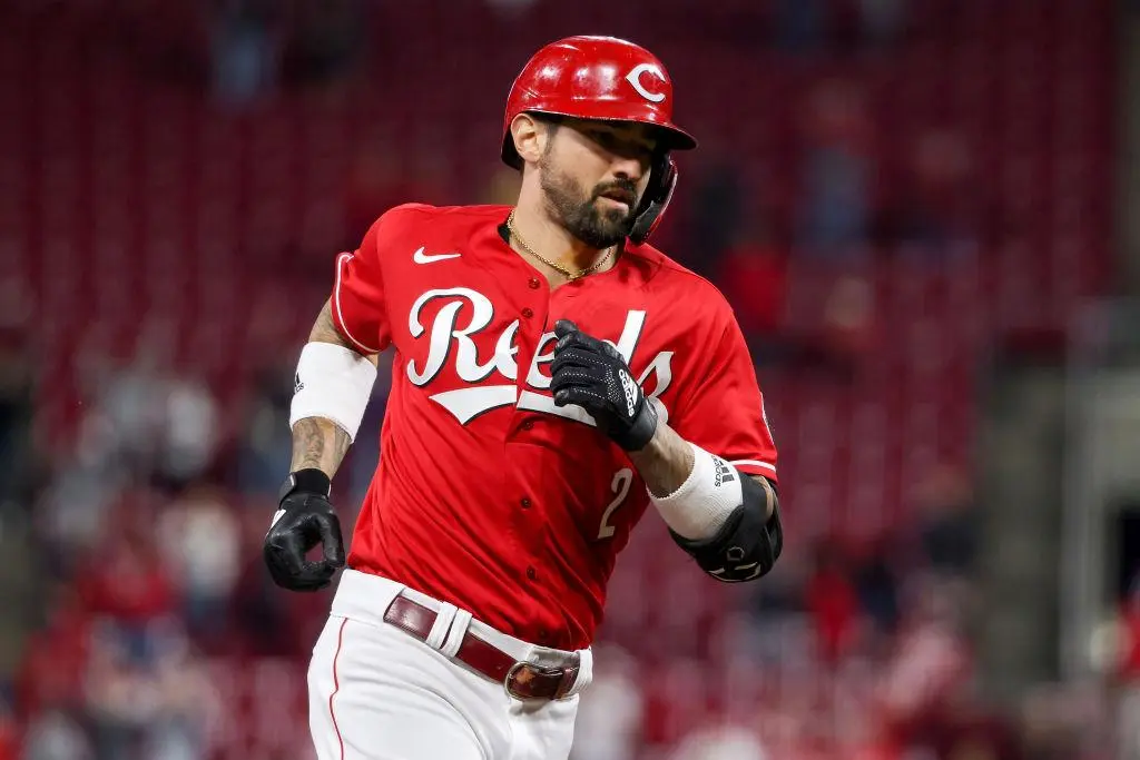 CINCINNATI, OHIO - SEPTEMBER 25: Nick Castellanos #2 of the Cincinnati Reds rounds the bases after hitting a walk-off home run in the ninth inning to beat the Washington Nationals 7-6 at Great American Ball Park on September 25, 2021 in Cincinnati, Ohio.