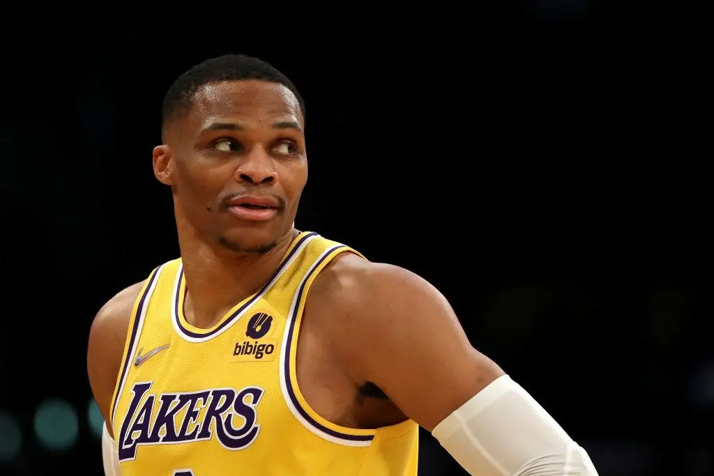 LOS ANGELES, CALIFORNIA - JANUARY 17: Russell Westbrook #0 of the Los Angeles Lakers looks on during the second quarter against the Utah Jazz at Crypto.com Arena on January 17, 2022 in Los Angeles, California.