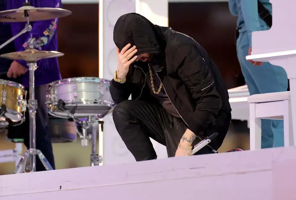 INGLEWOOD, CALIFORNIA - FEBRUARY 13: Eminem performs during the Pepsi Super Bowl LVI Halftime Show at SoFi Stadium on February 13, 2022 in Inglewood, California.
