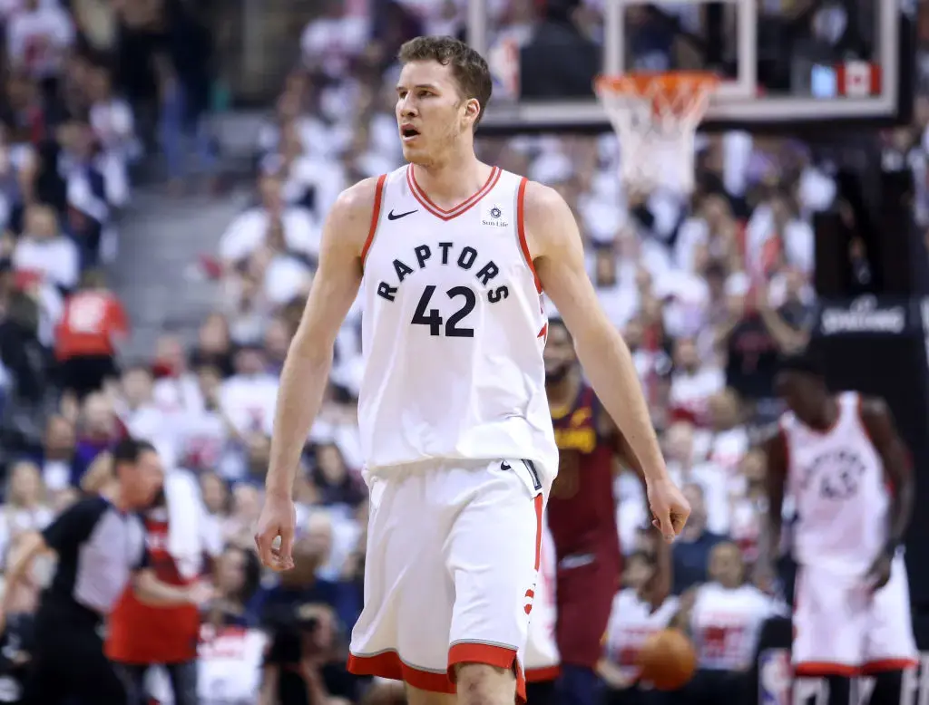 TORONTO, ON - MAY 01: Jakob Poeltl #42 of the Toronto Raptors looks on in the first half of Game One of the Eastern Conference Semifinals against the Cleveland Cavaliers during the 2018 NBA Playoffs at Air Canada Centre on May 1, 2018 in Toronto, Canada.