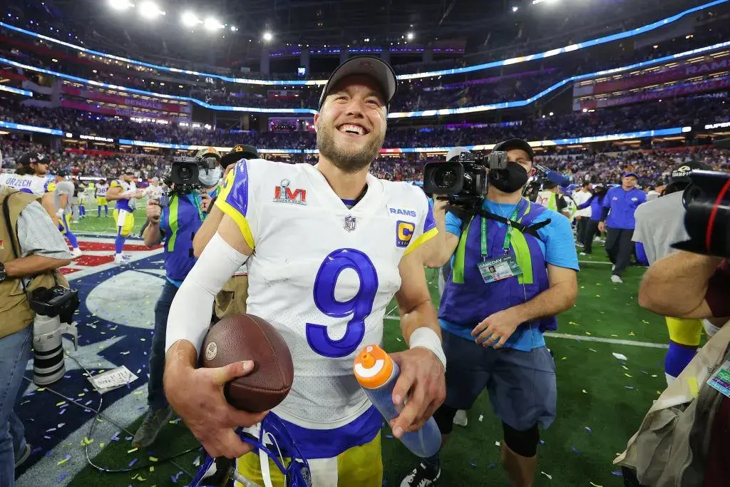 INGLEWOOD, CALIFORNIA - FEBRUARY 13: Matthew Stafford #9 of the Los Angeles Rams celebrates after Super Bowl LVI at SoFi Stadium on February 13, 2022 in Inglewood, California. The Los Angeles Rams defeated the Cincinnati Bengals 23-20