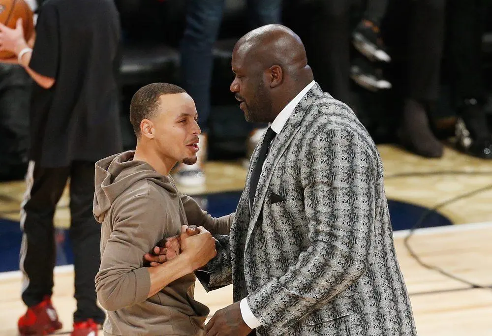 NEW ORLEANS, LA - FEBRUARY 18: Stephen Curry #30 of the Golden State Warriors greets Shaquille O'Neal after the 2017 JBL Three-Point Contest at Smoothie King Center on February 18, 2017 in New Orleans, Louisiana