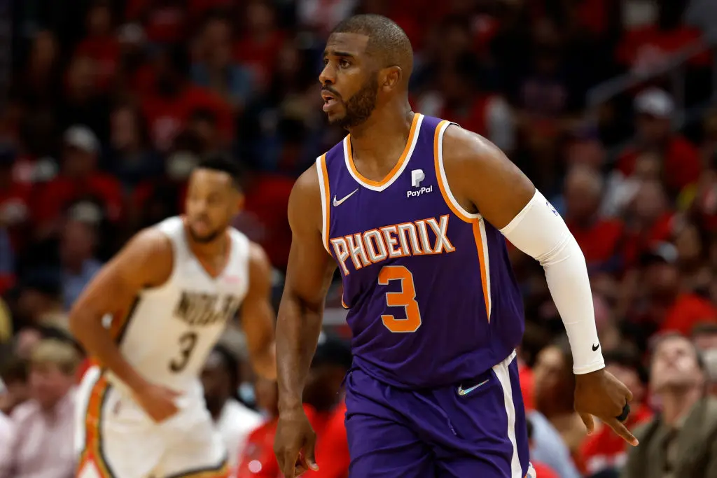 NEW ORLEANS, LOUISIANA - APRIL 28: Chris Paul #3 of the Phoenix Suns drives the ball against the New Orleans Pelicans at Smoothie King Center on April 28, 2022 in New Orleans, Louisiana.