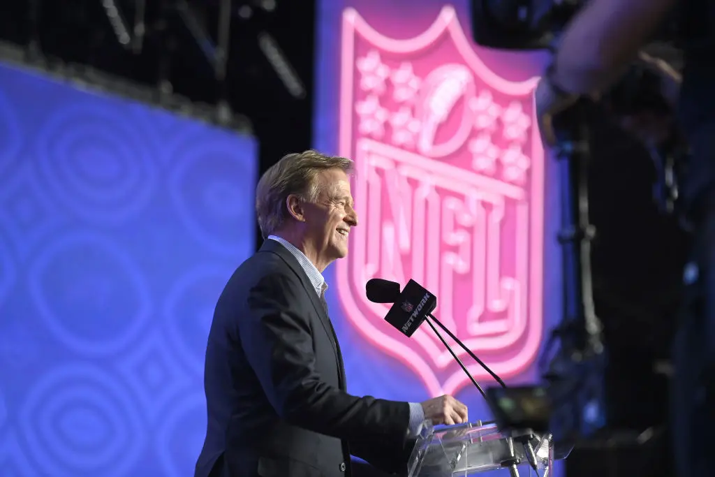 LAS VEGAS, NEVADA - APRIL 28: NFL Commissioner Roger Goodell speaks on stage to kick off round one of the 2022 NFL Draft on April 28, 2022 in Las Vegas, Nevada