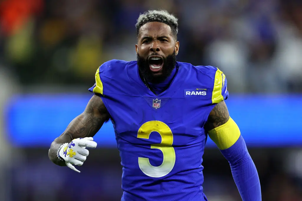 INGLEWOOD, CALIFORNIA - JANUARY 17: Odell Beckham Jr. #3 of the Los Angeles Rams reacts during the second quarter of the game against the Arizona Cardinals in the NFC Wild Card Playoff game at SoFi Stadium on January 17, 2022 in Inglewood, California