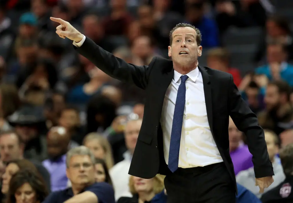 CHARLOTTE, NORTH CAROLINA - FEBRUARY 22: Head coach Kenny Atkinson of the Brooklyn Nets watches on against the Charlotte Hornets during their game at Spectrum Center on February 22, 2020 in Charlotte, North Carolina.