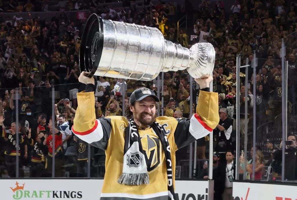 LAS VEGAS, NEVADA - JUNE 13: Mark Stone #61 of the Vegas Golden Knights celebrates the Stanley Cup victory over the Florida Panthers in Game Five of the 2023 NHL Stanley Cup Final at T-Mobile Arena on June 13, 2023 in Las Vegas, Nevada