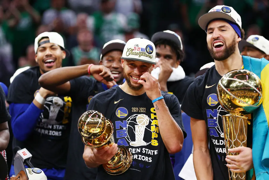 Boston, Massachusetts-June 16: Golden State Warriors Stephen Curry # 30 and Klay Thompson # 11 play the 2022 NBA Finals Game 6 at TD Garden on June 16, 2022 in Boston, Massachusetts. Celebrate after defeating Boston Celtics 103-90 in.