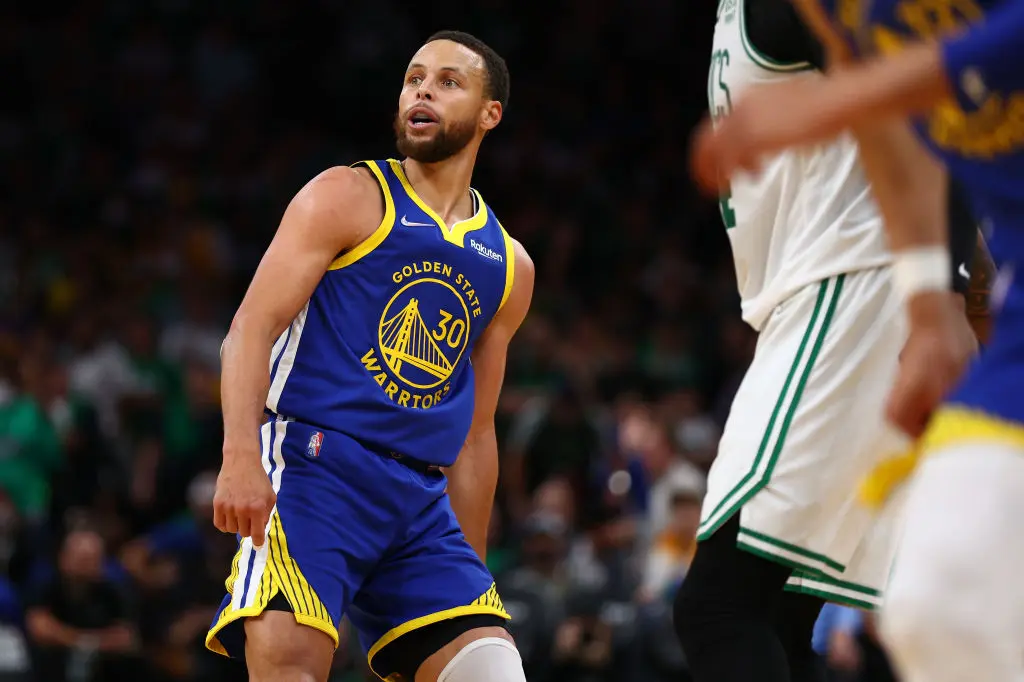 BOSTON, MASSACHUSETTS - JUNE 16: Stephen Curry #30 of the Golden State Warriors reacts to a three pointer against the Boston Celtics during the third quarter in Game Six of the 2022 NBA Finals at TD Garden on June 16, 2022 in Boston, Massachusetts.